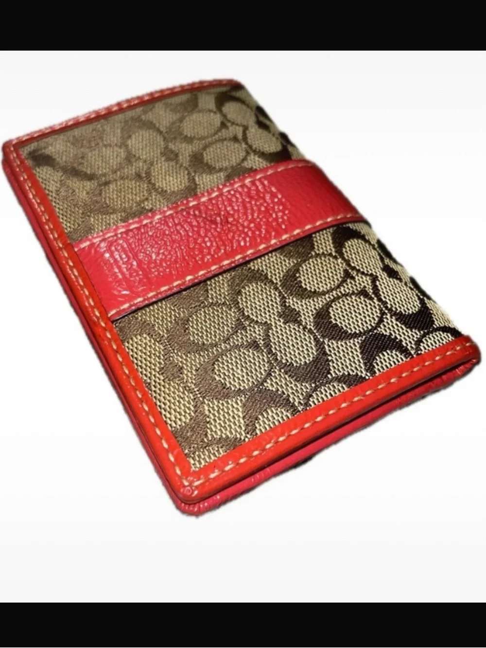 Coach Vintage Signature Canvas Mini Bifold Card Wallet Red/Pink Trim